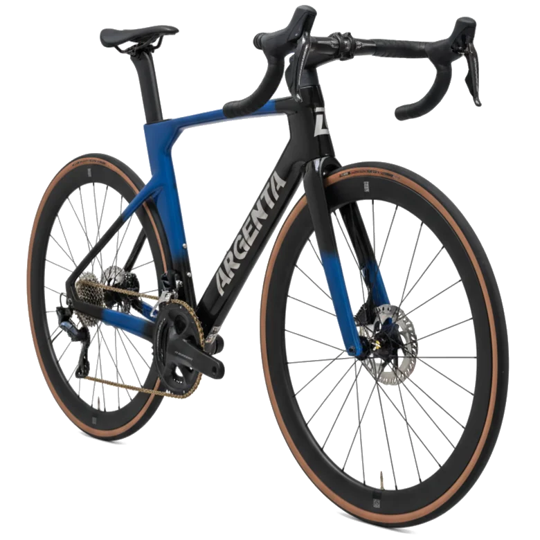 Argenta RS Pro full-carbon road bike in blue and black, side profile studio shot